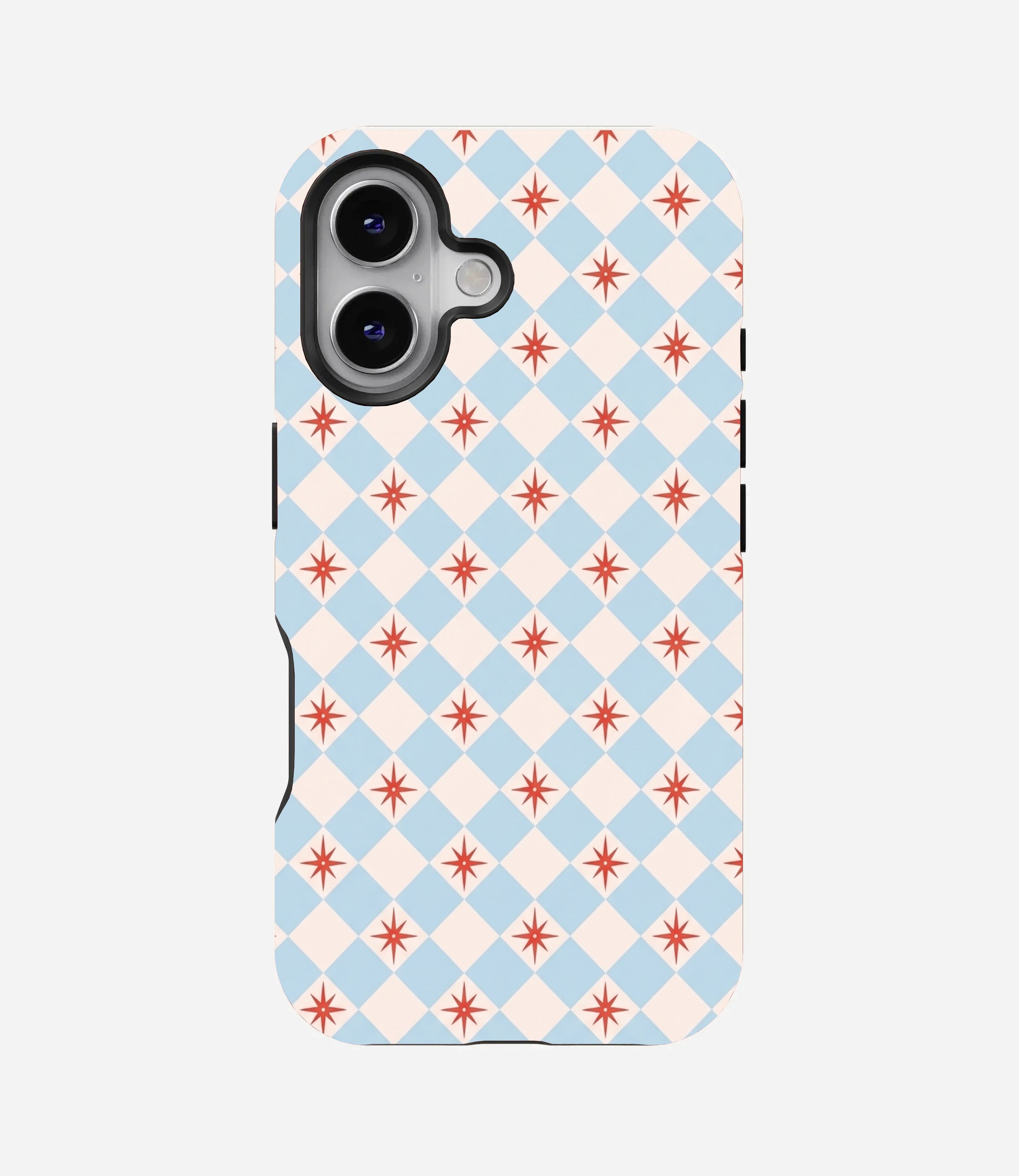 Glossy phone case with a light blue and cream diamond checkered pattern, featuring red retro starbursts inside the cream diamonds.